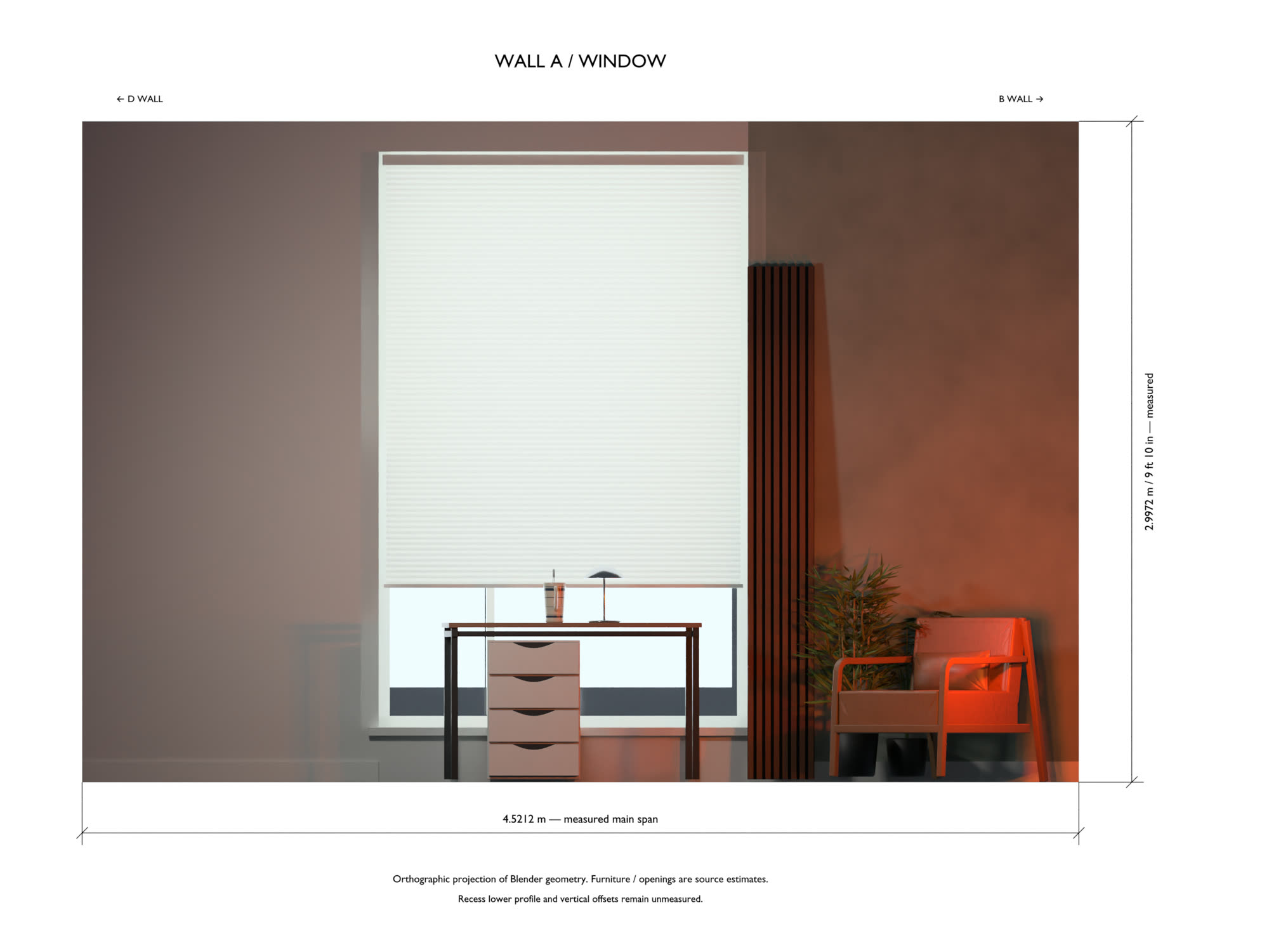 Wall A. The 4.5212 m span and the 2.9972 m ceiling are tape measurements. The window recess profile is marked unmeasured.